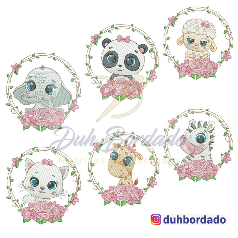 Coleção Matrizes de Bordados Animais Moldura Menina Completa