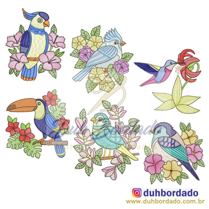 Coleção Matrizes Bordados Pássaros Coloridos Completa