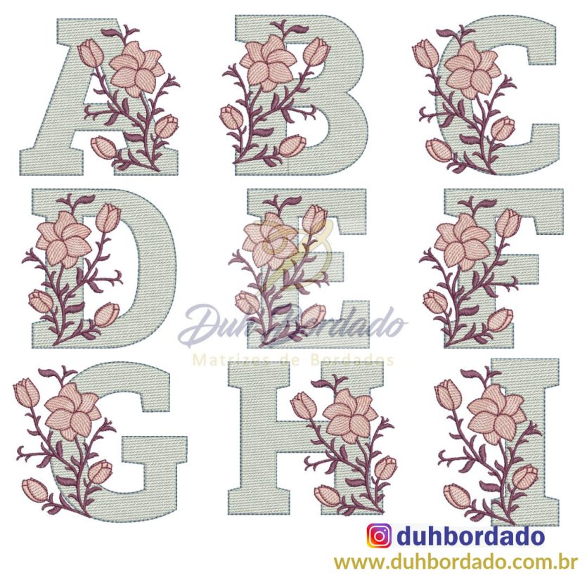Coleção Matrizes de Bordado Alfabeto Monograma Floral Completa