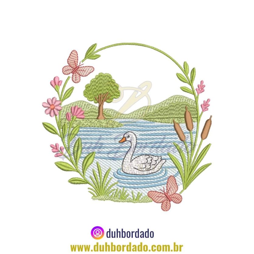 Matriz de Bordado de Moldura Cisne No Lago