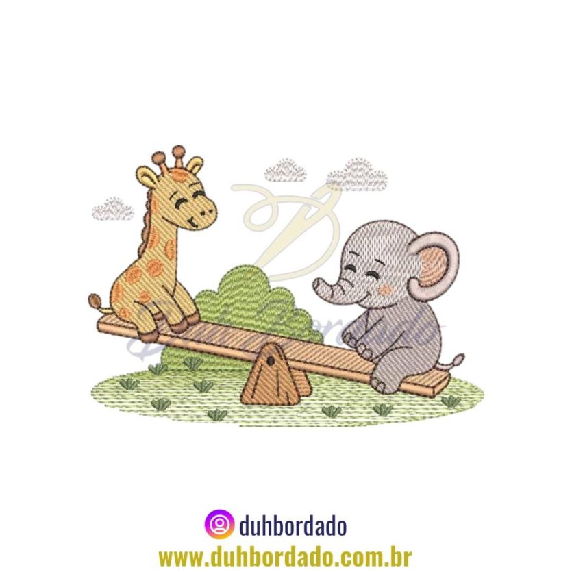 Matriz de Bordado de Animais Infantil Girafa e Elefante